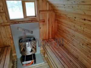 Utendørs barrel sauna med terrasse og Harvia elektrisk varmeovn (12)