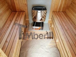 Utendørs barrel sauna med terrasse og Harvia elektrisk varmeovn (14)