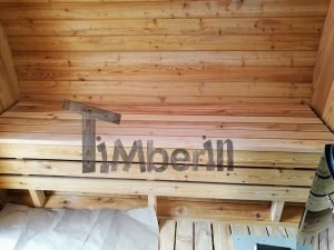 Utendørs barrel sauna med terrasse og Harvia elektrisk varmeovn (16)