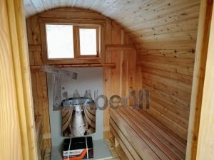 Utendørs barrel sauna med terrasse og Harvia elektrisk varmeovn (20)