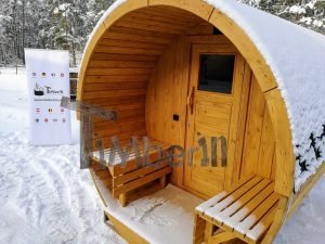 Utendørs barrel sauna med terrasse og Harvia elektrisk varmeovn (6)