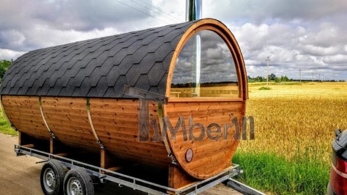 Vedfyrte utendørs mobil sauna med halv panoramavindue